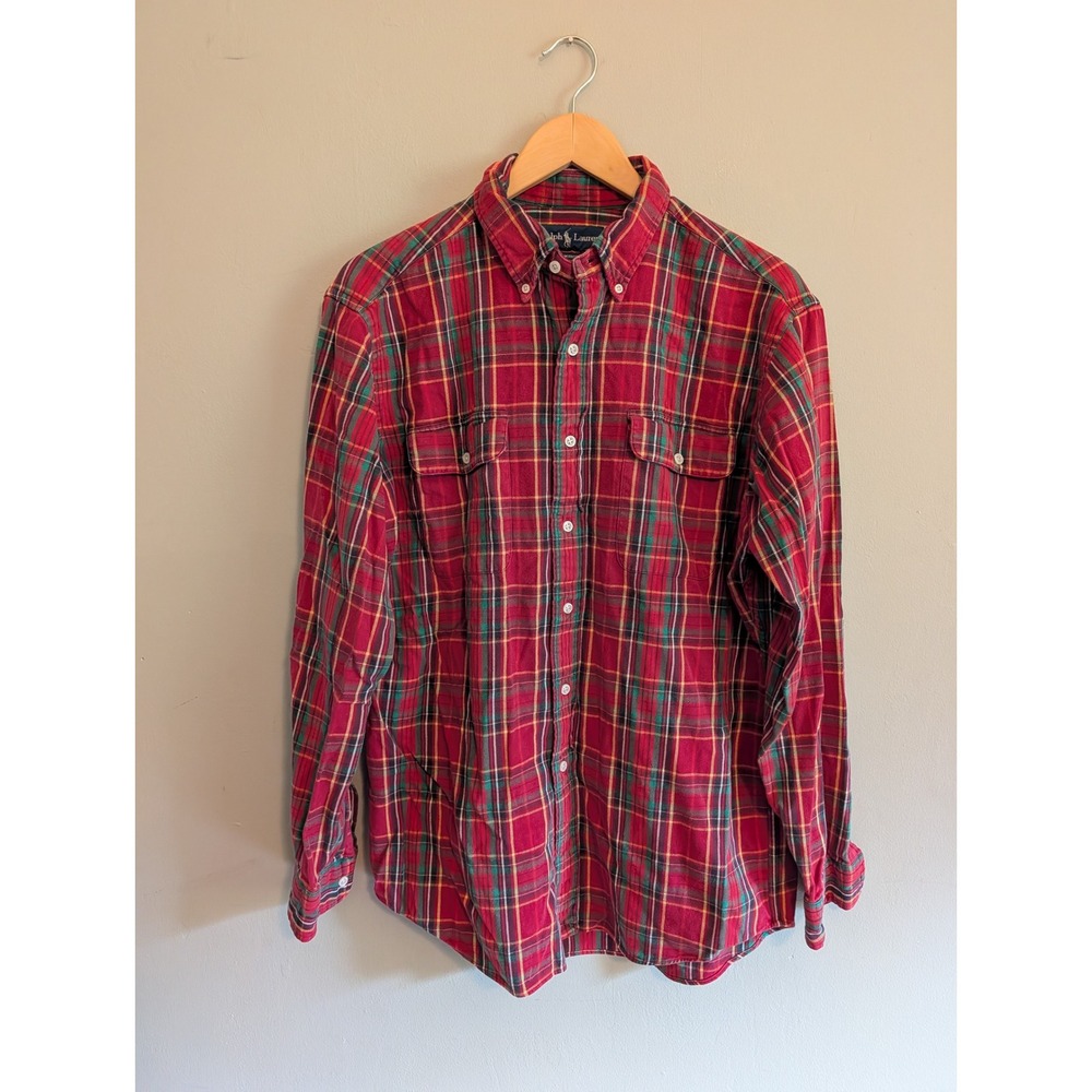 Vintage 90s Ralph Lauren RL Workshirt Red Plaid Flannel Button Down Mens Large